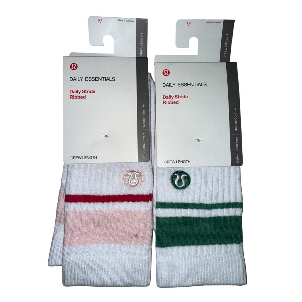 Lululemon Daily Stride Unisex Socks Crew Length Stripe 2 Pair White Medium NEW
